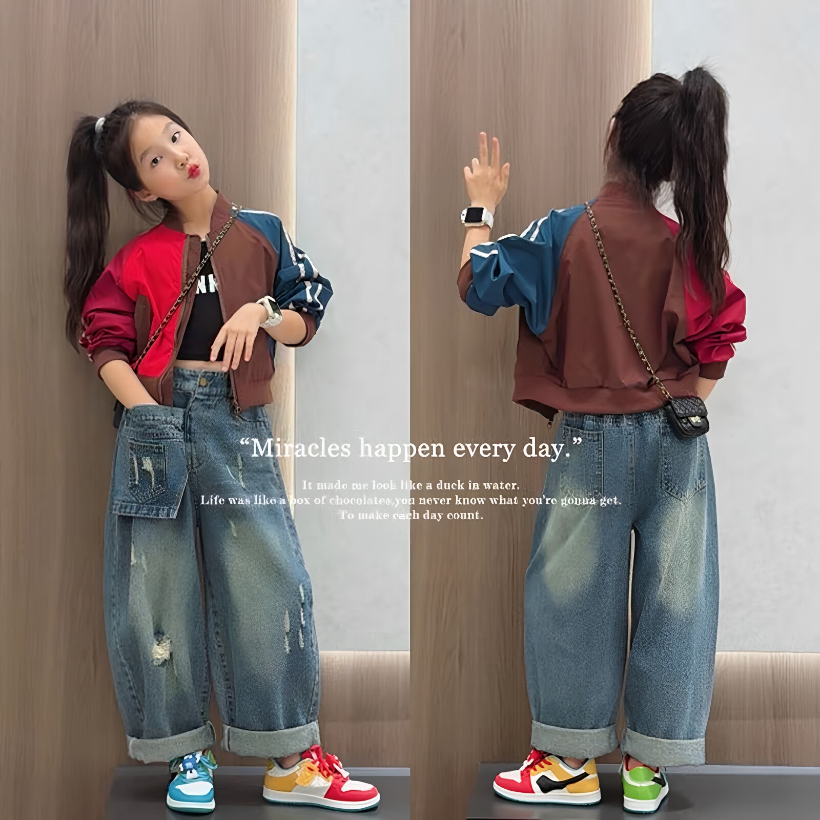 女童休闲棒球服百搭牛仔裤套装