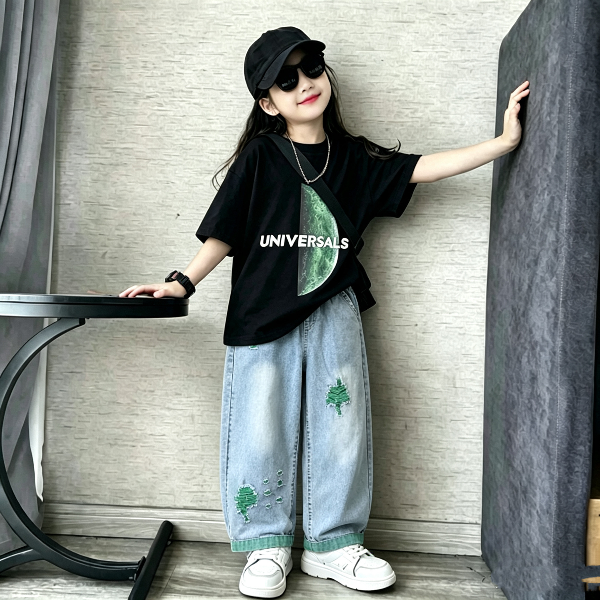 女童印花宽松短袖破洞牛仔裤套装