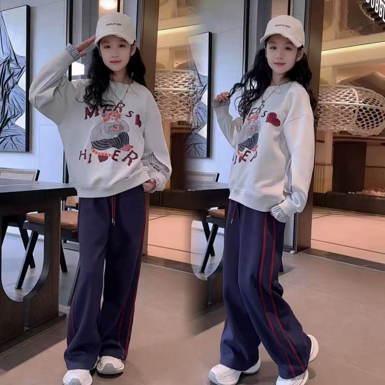 女童韩系设计感假两件拼接卡通圆领宽松卫衣休闲运动裤学生套装潮