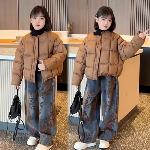 韩版洋气女童穿搭短款豆腐块圆领棉服外套美式潮酷碎花牛仔裤套装