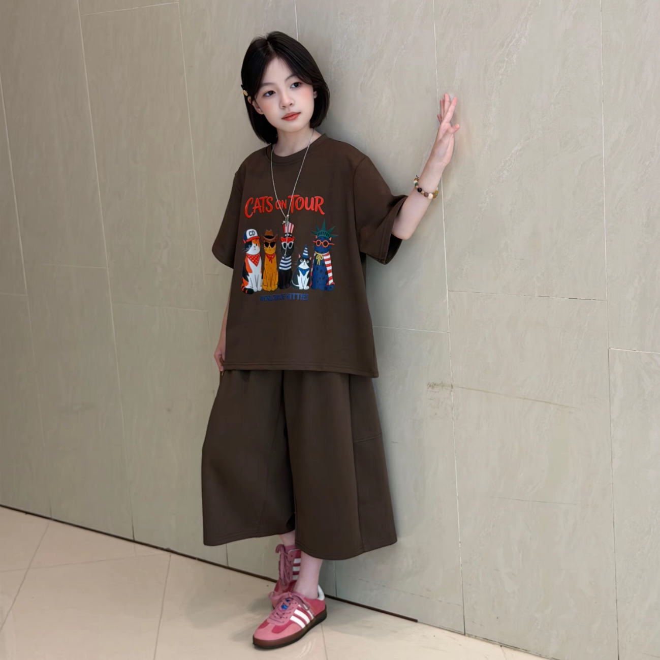 女童夏季新款咖色T恤阔腿裤套装