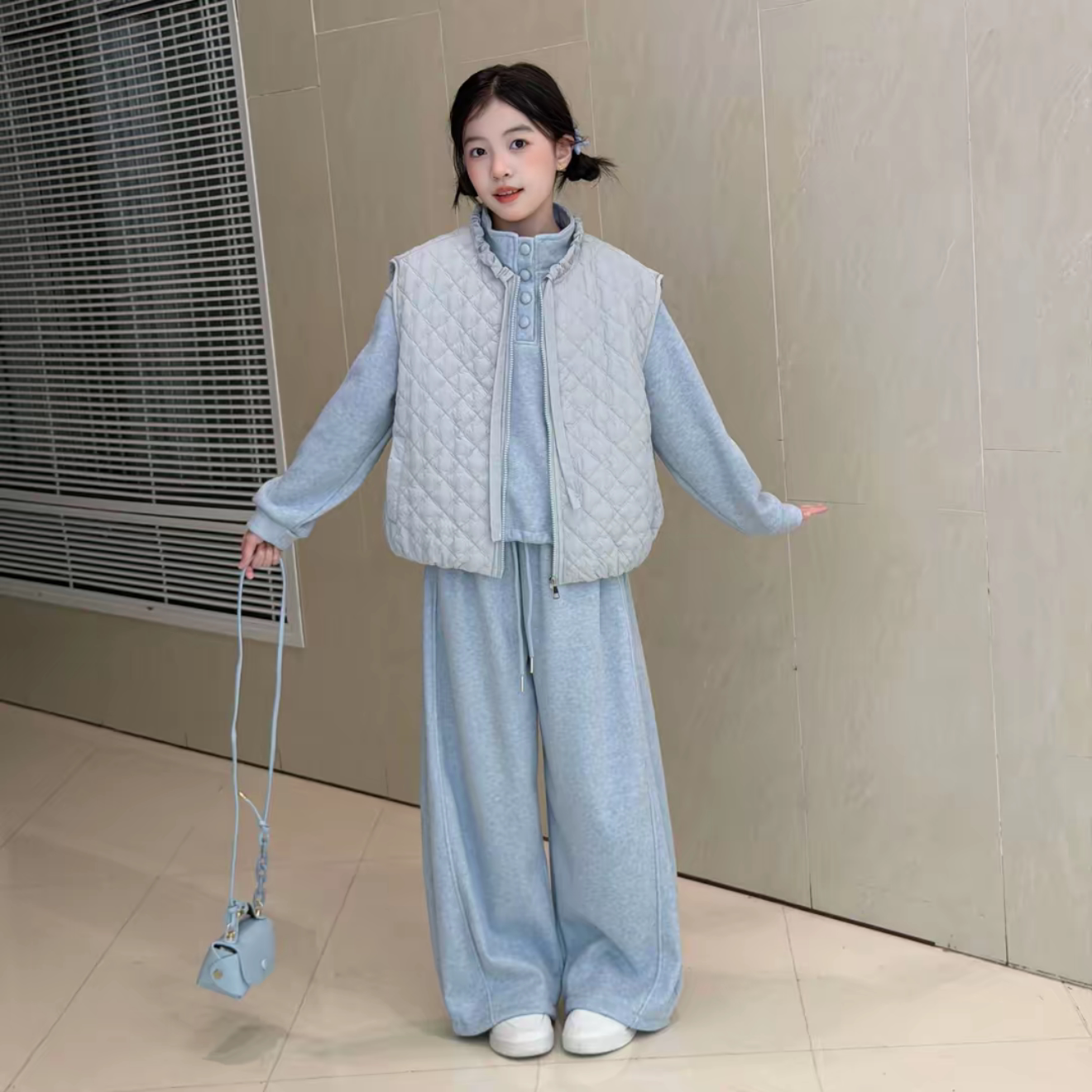 女童秋冬菱格绗棉马甲卫衣三件套2026新款休闲加绒加厚运动套装潮