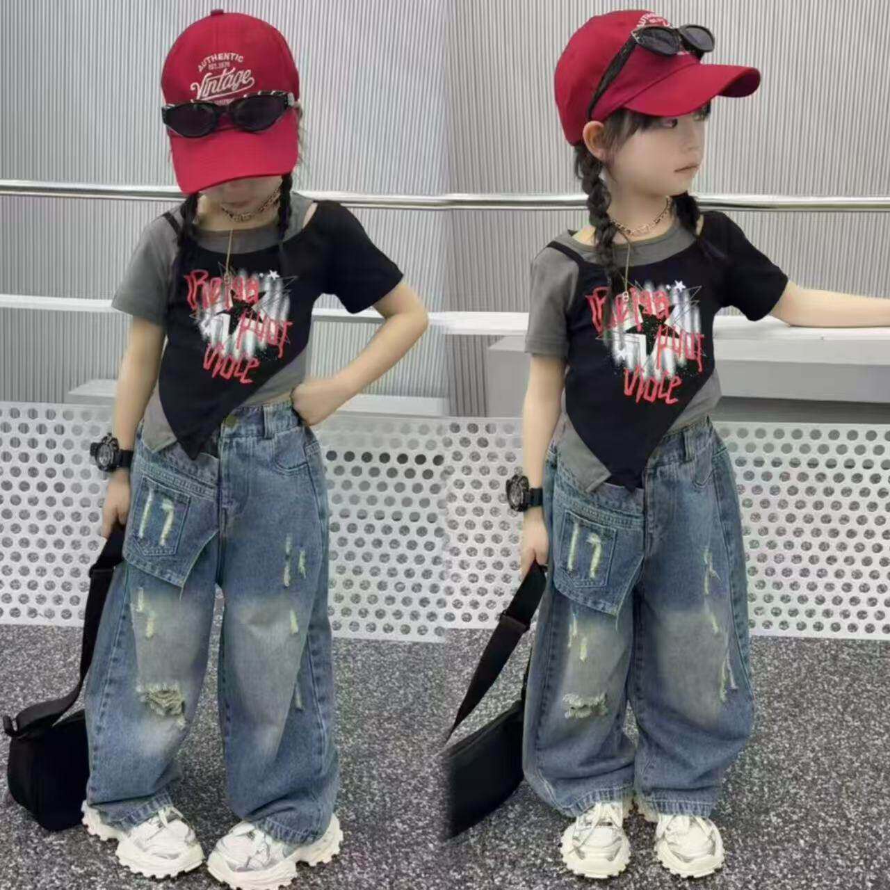 女童假两件辣妹短袖牛仔裤套装