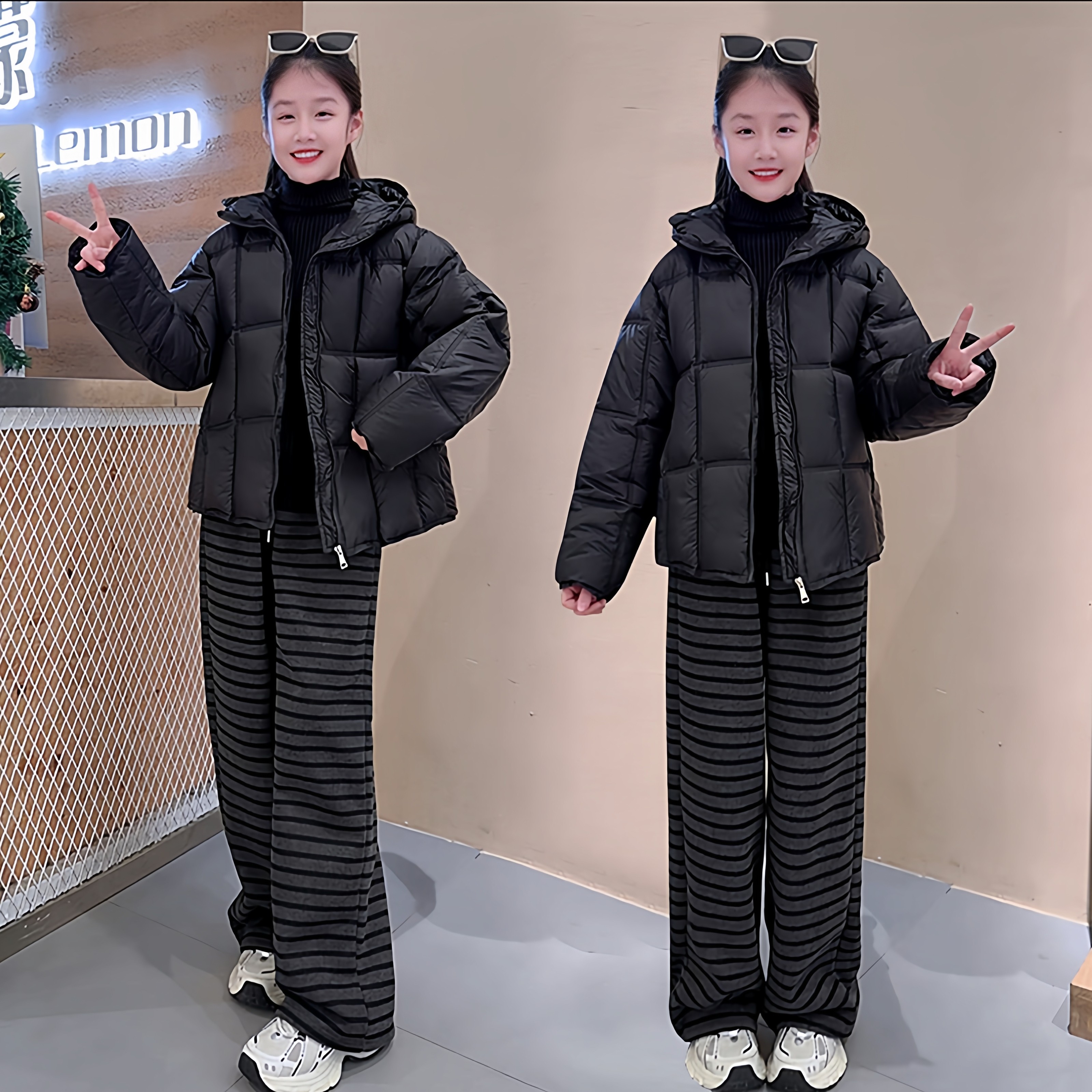 女童加厚泡芙格连帽黑色棉服外套韩系百搭条纹阔腿裤洋气套装潮酷