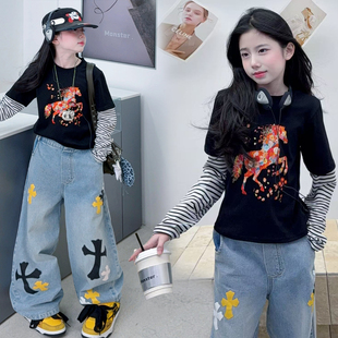 女童春季国潮卡通小马印花假两件上衣个性潮酷牛仔阔腿裤炸街套装