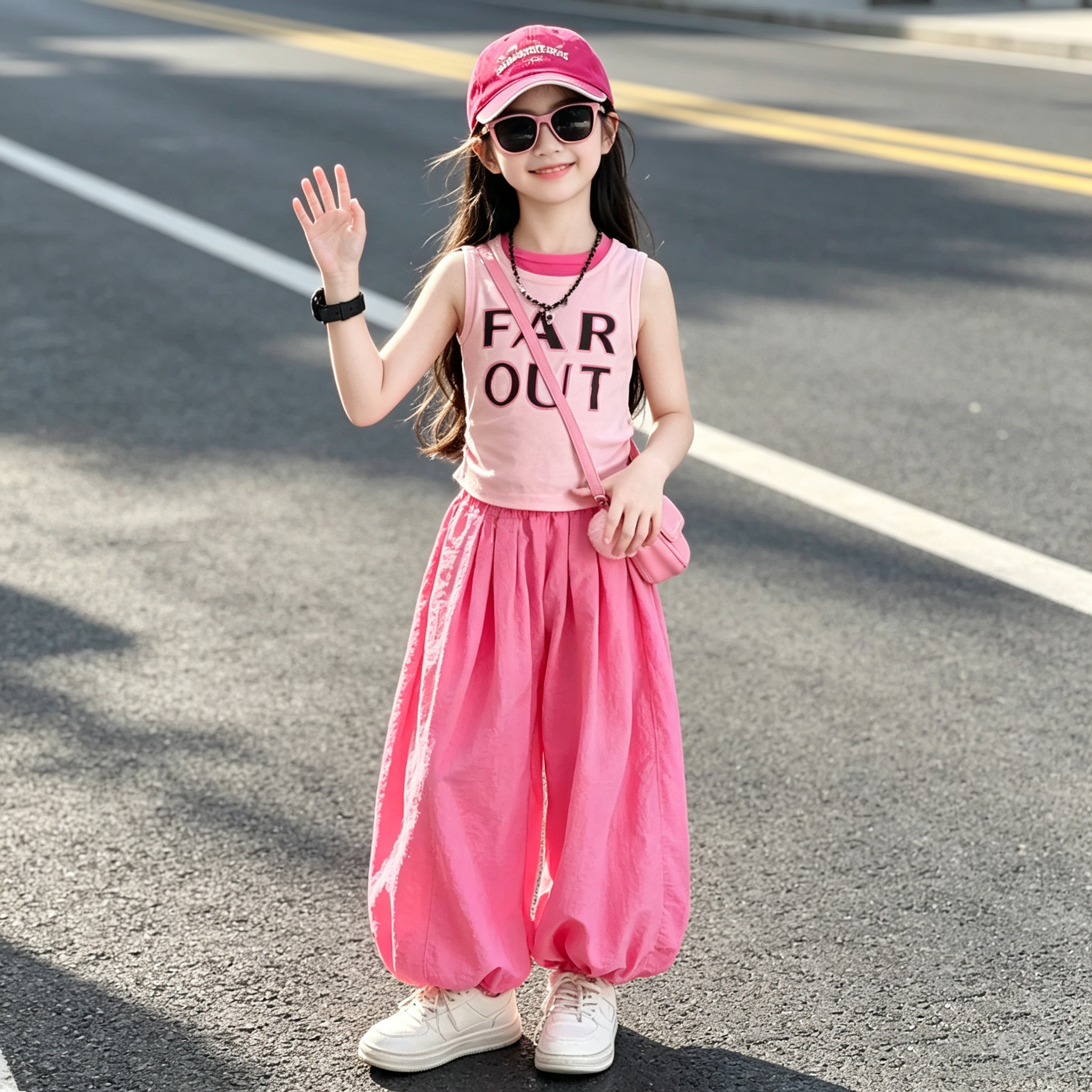 女童假两件拼色背心灯笼裤套装