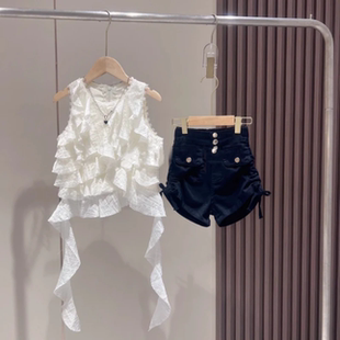 2025夏季新款女童不规则荷叶边背心上衣个性抽绳短裤洋气套装韩版