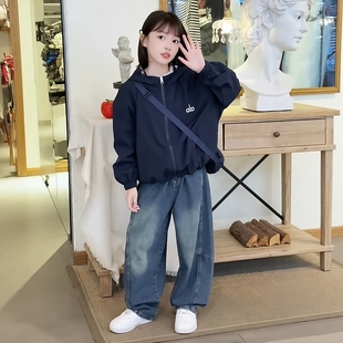 秋季韩版学生百搭休闲外套女童双面穿高级感字母连帽防风冲锋衣潮