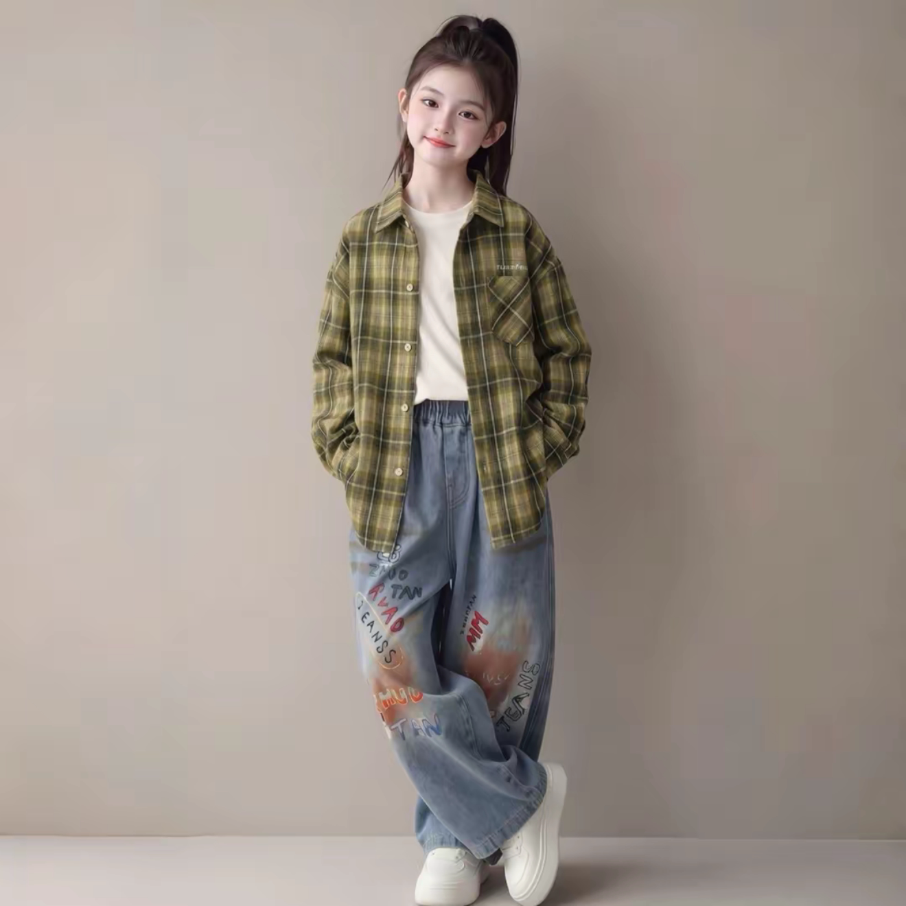 女童格子衬衫中大童涂鸦裤套装