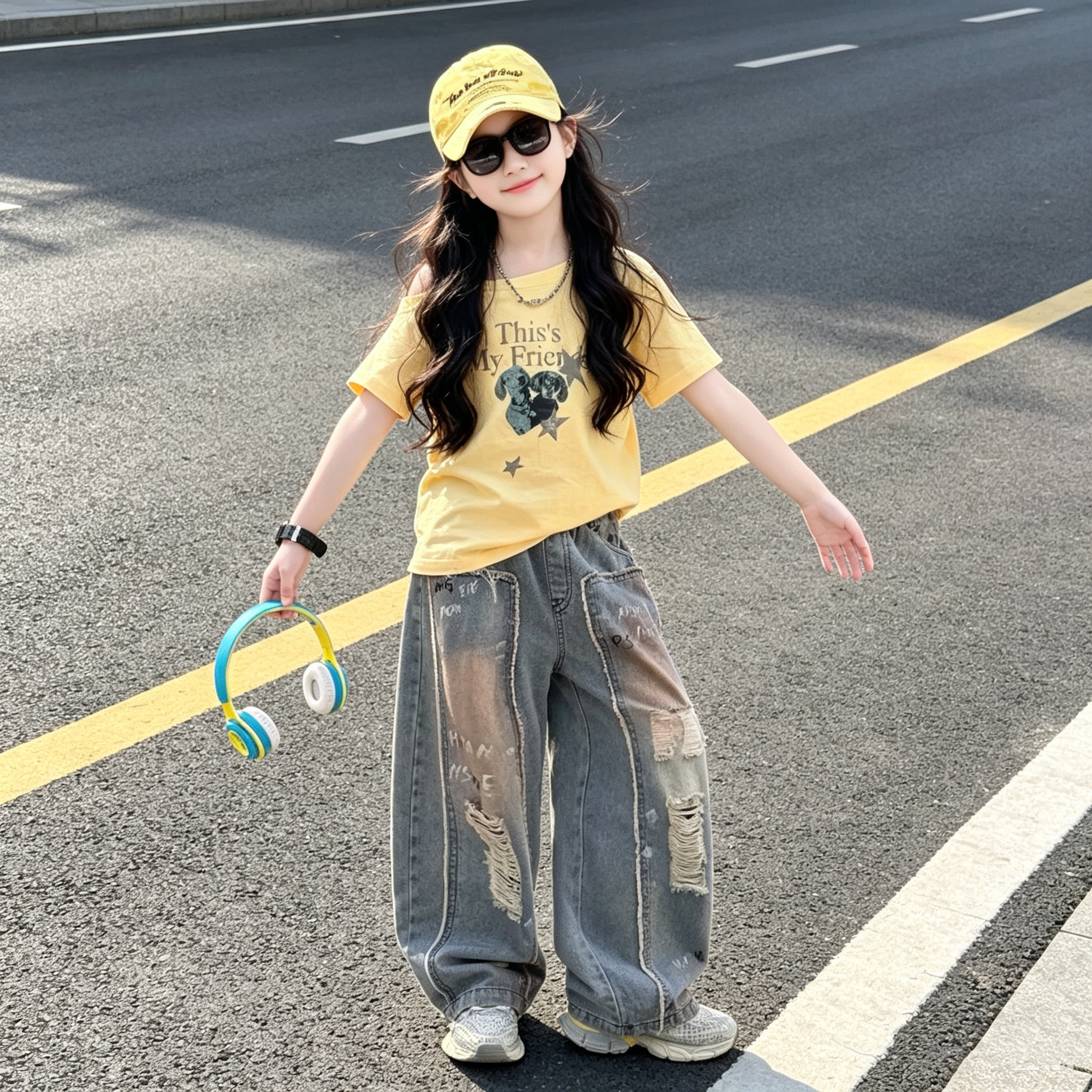 女童晕染毛边破洞牛仔裤短袖套装