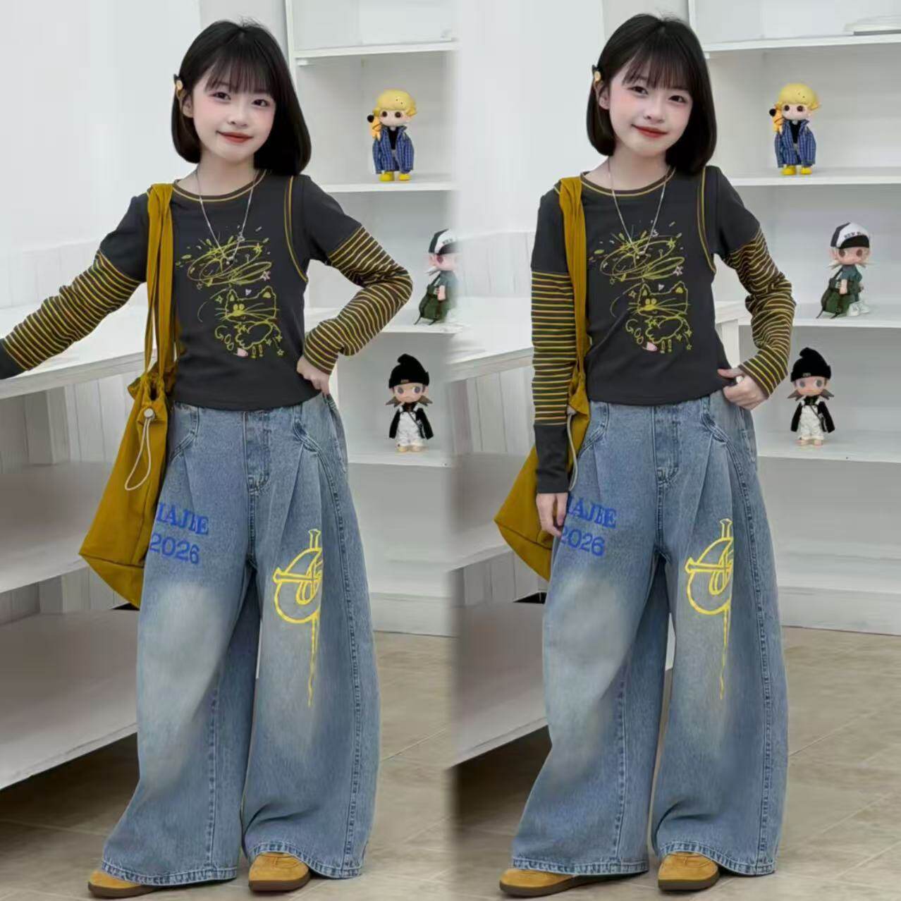 女童美式黄色复古条纹打底衫宽松牛仔裤2026春秋新款女大童街舞潮