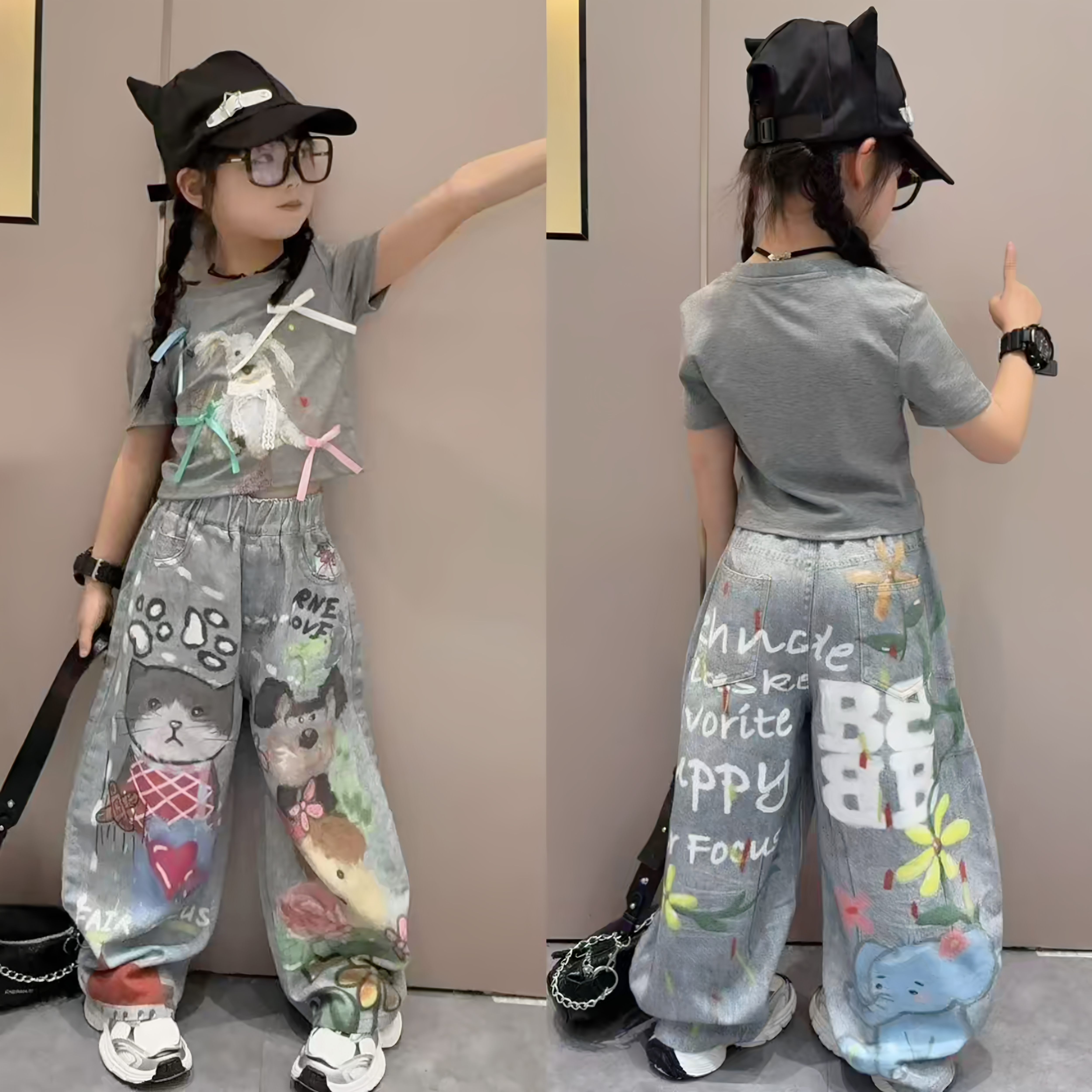 女童蝴蝶结短袖牛仔裤甜酷套装
