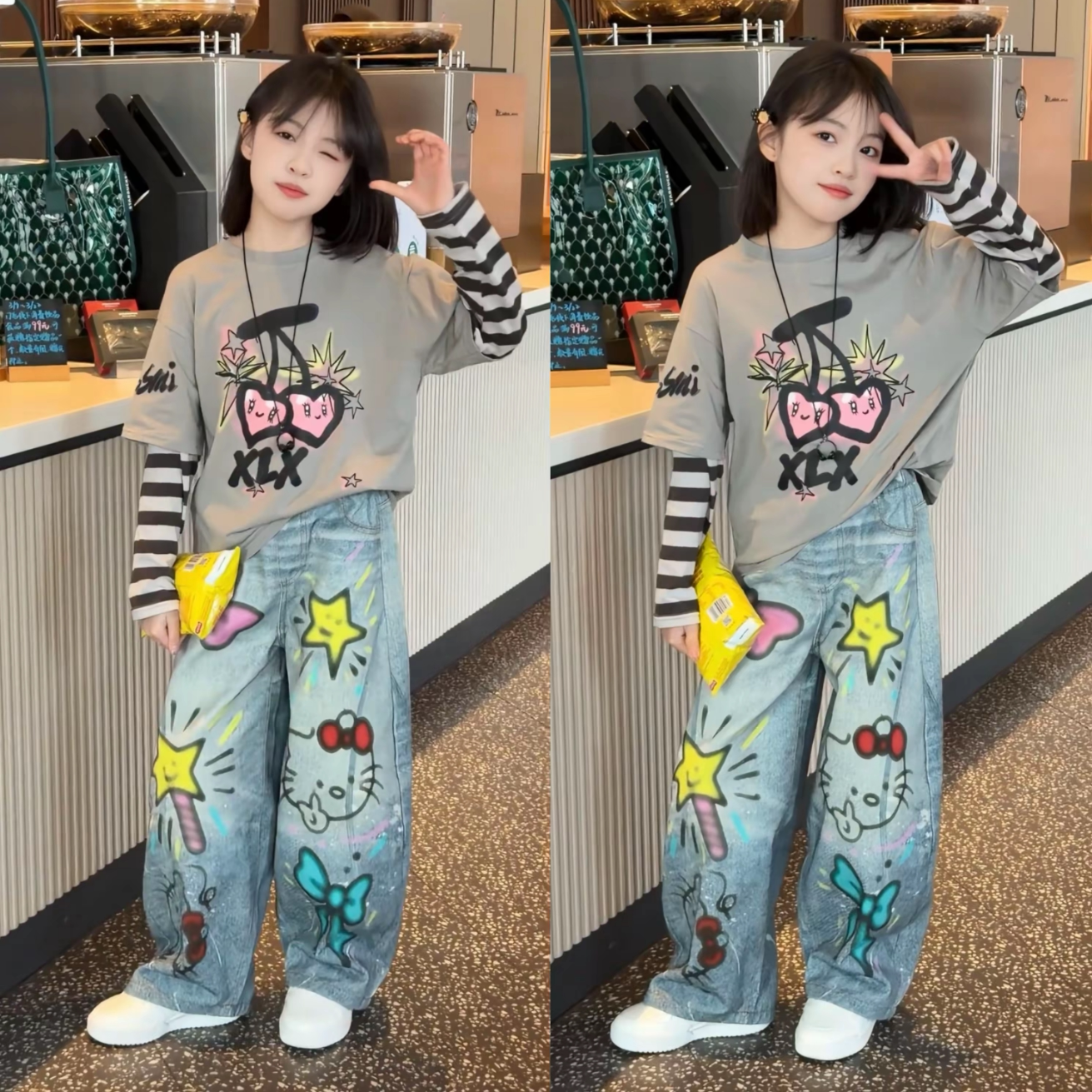 女童假两件条纹T恤牛仔裤套装