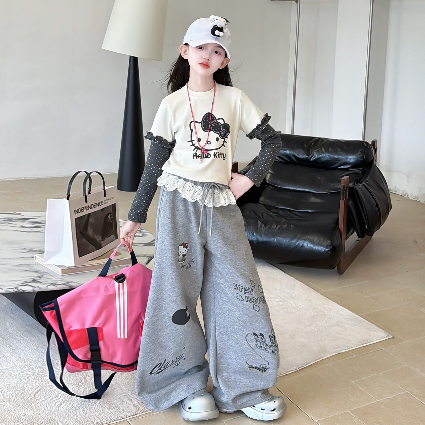 女童KT猫咪波点上衣花边裤套装