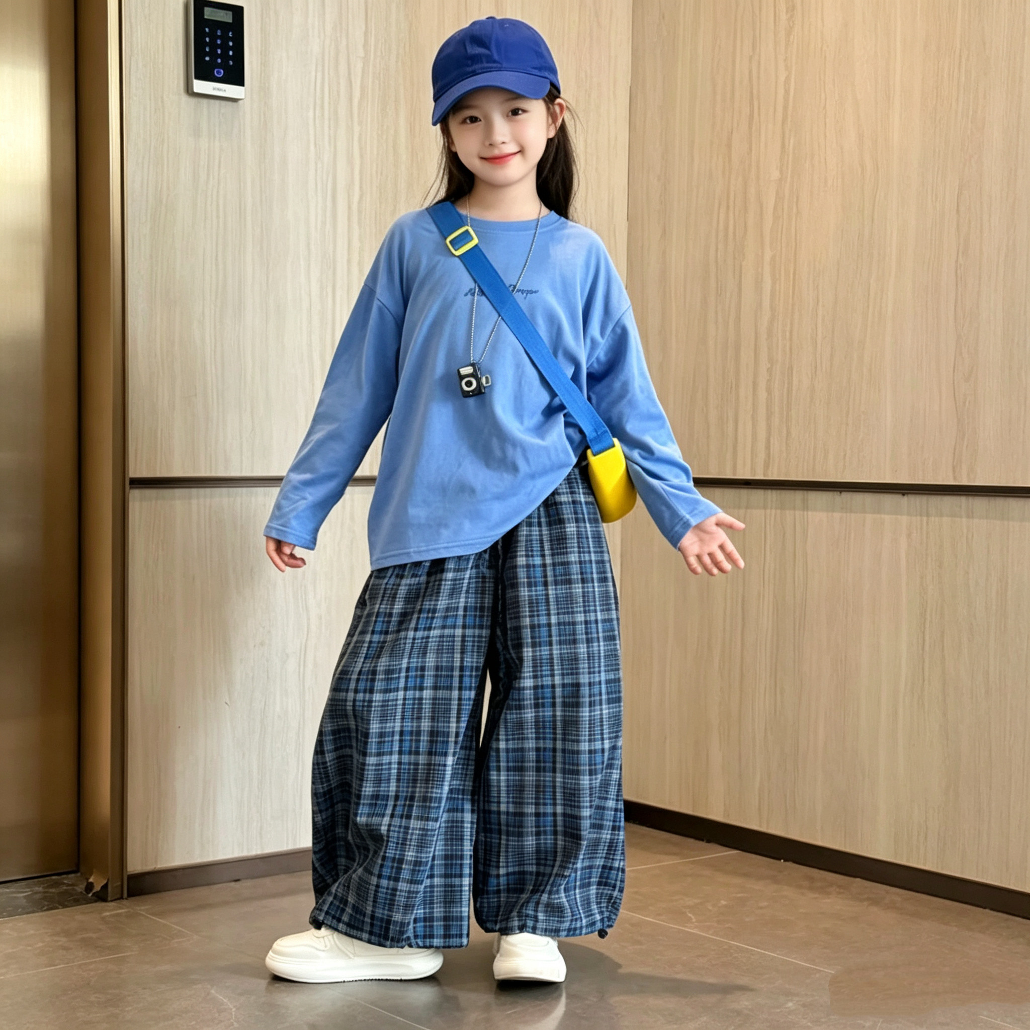 女童松弛感长袖上衣格子裤两件套