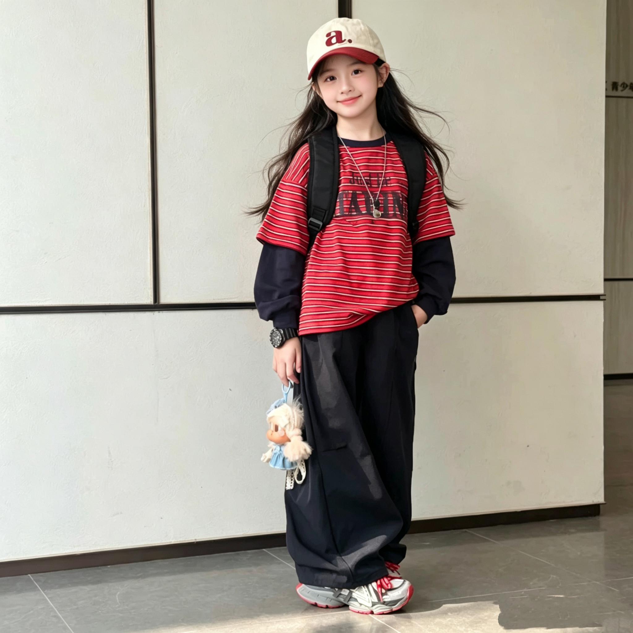 女童假两件撞色卫衣阔腿裤套装