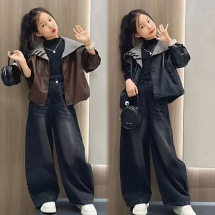 韩 套装 女童超好看设计感毛线海军领PU皮衣短款 外套潮酷牛仔弯刀裤