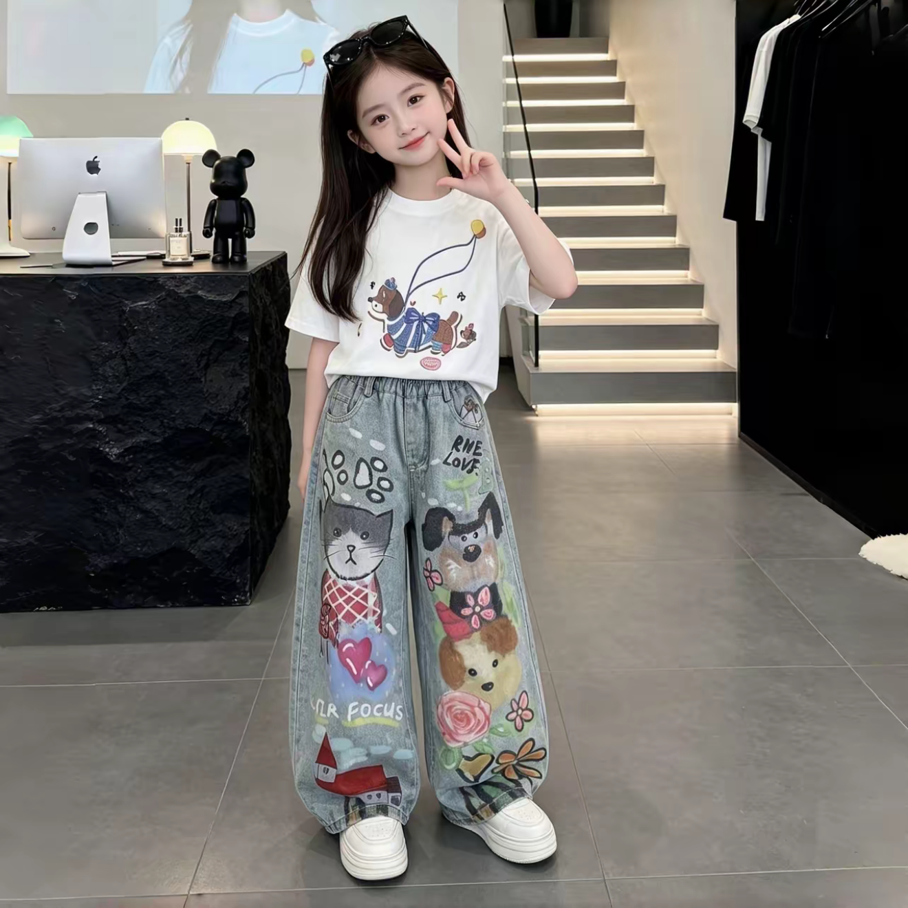 今年流行夏季薄款女童美式动物卡通涂鸦牛仔裤百搭韩版短袖套装潮