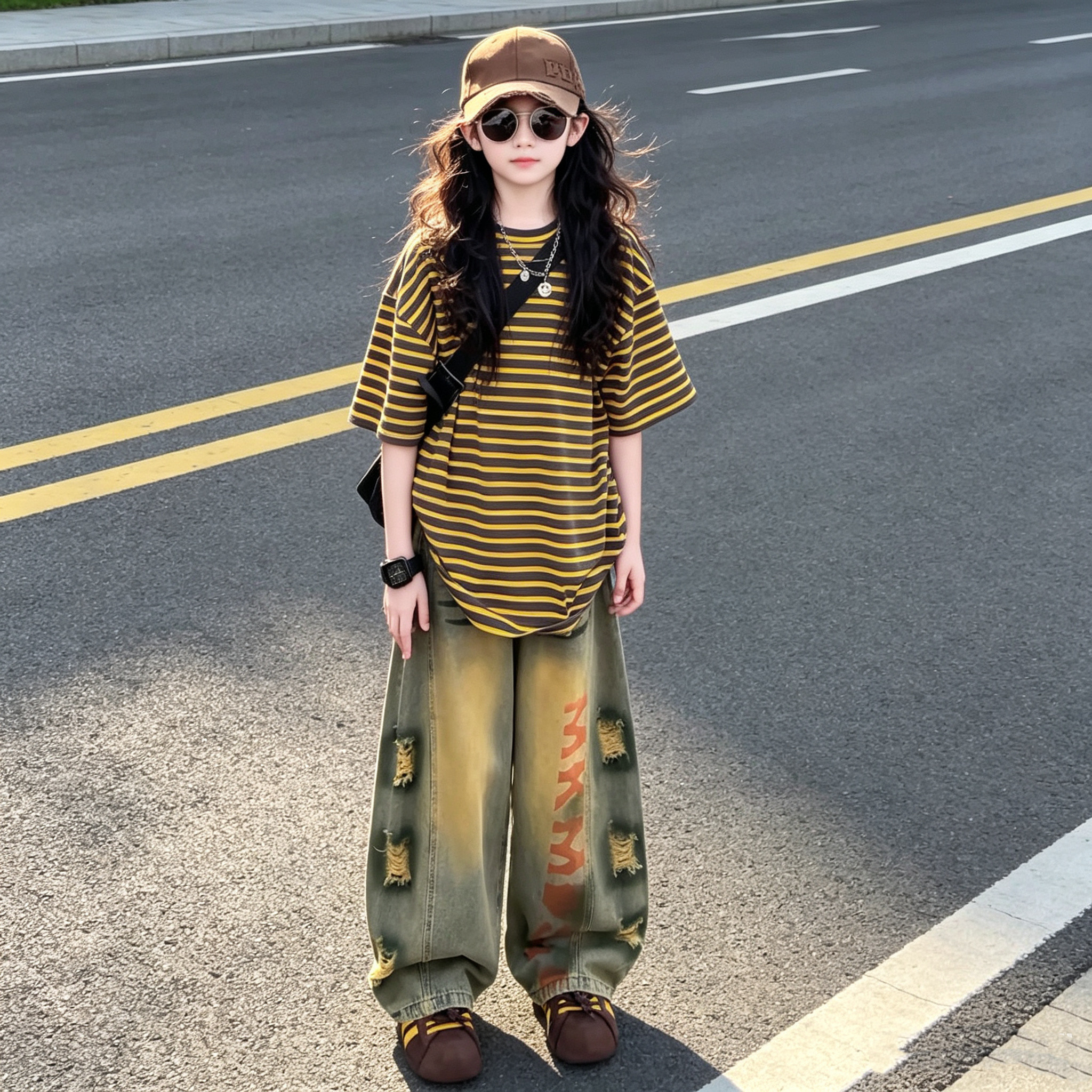 女童条纹短袖破洞牛仔弯刀裤套装