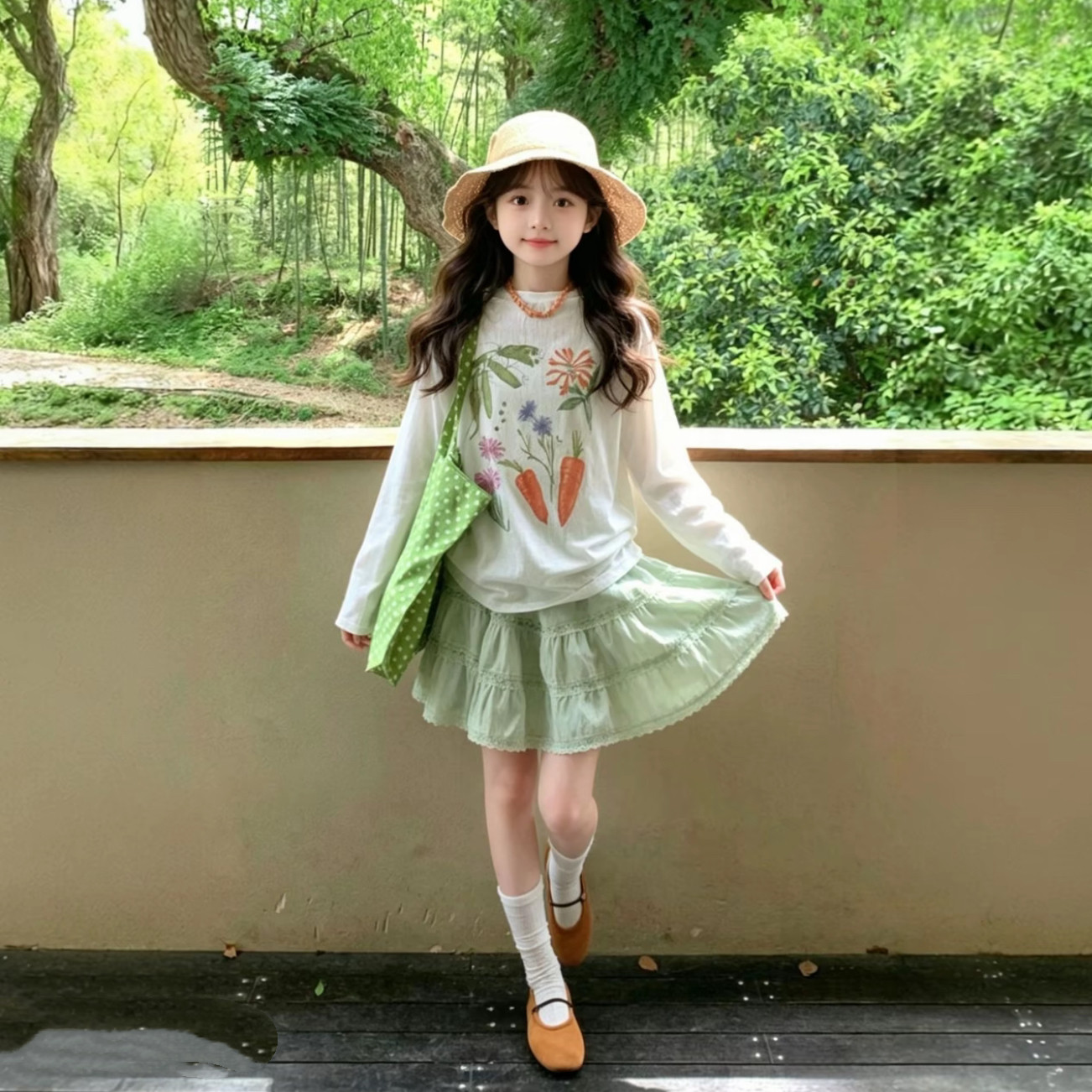 女童森系长袖防晒罩衫短裙套装