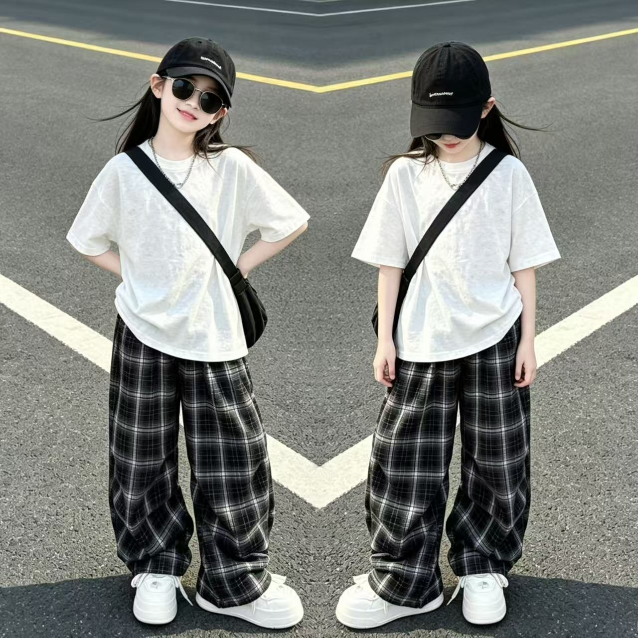 女童撒银宽松短袖烫钻格子裤套装