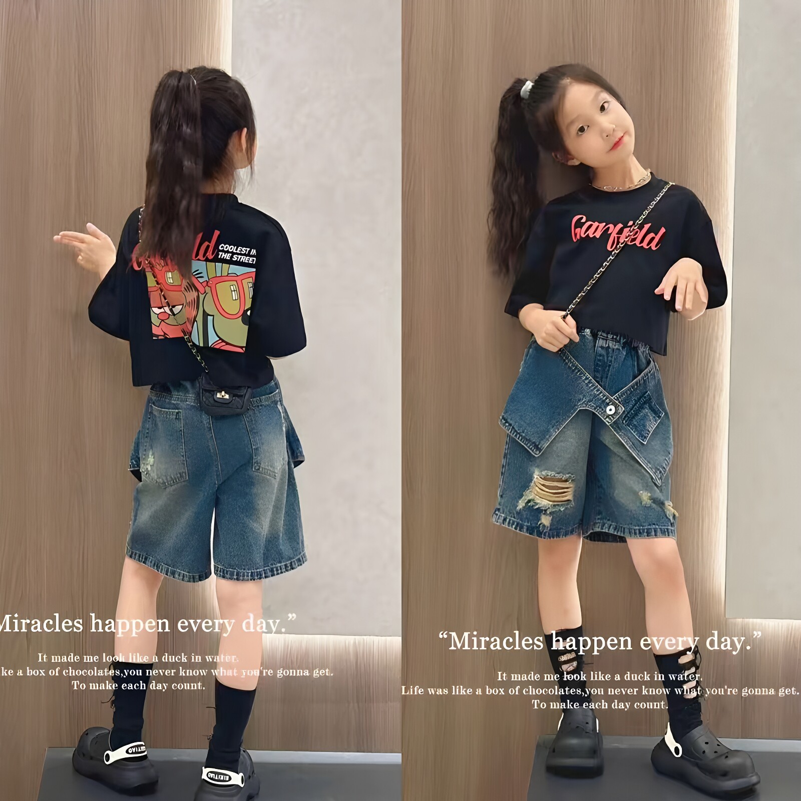 女童短款宽松短袖牛仔中裤套装