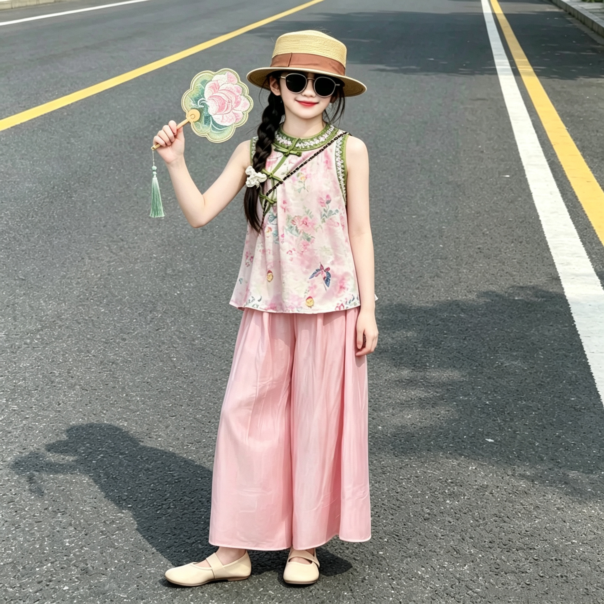 女童盘扣无袖上衣阔腿裤套装