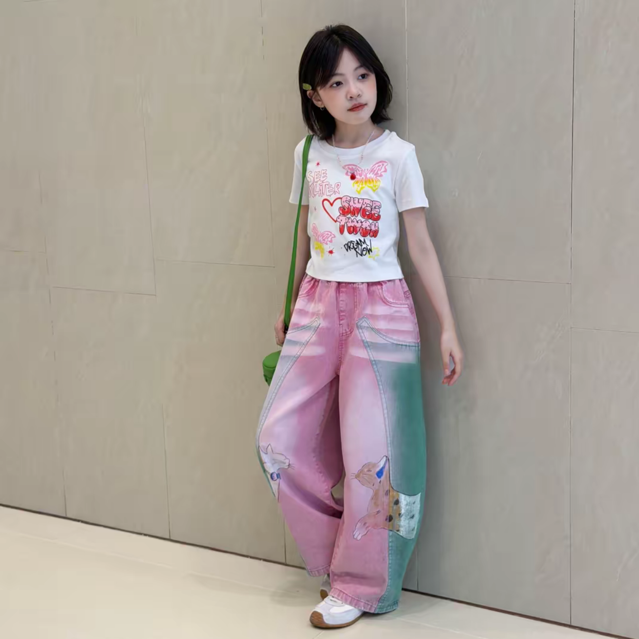 美式复古涂鸦印花短袖t恤女童夏季卡通猫咪渐变牛仔阔腿裤套装潮8