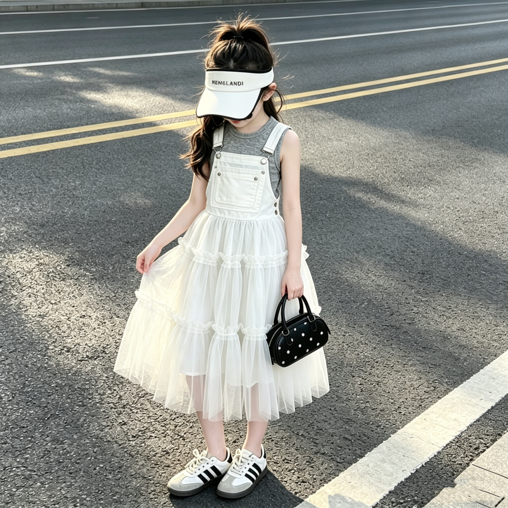 女童韩版背心拼接网纱背带裙套装