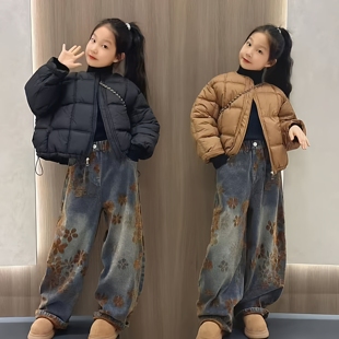 美式潮酷女童时尚短款面包圆领棉服设计感个性提花加绒牛仔裤套装