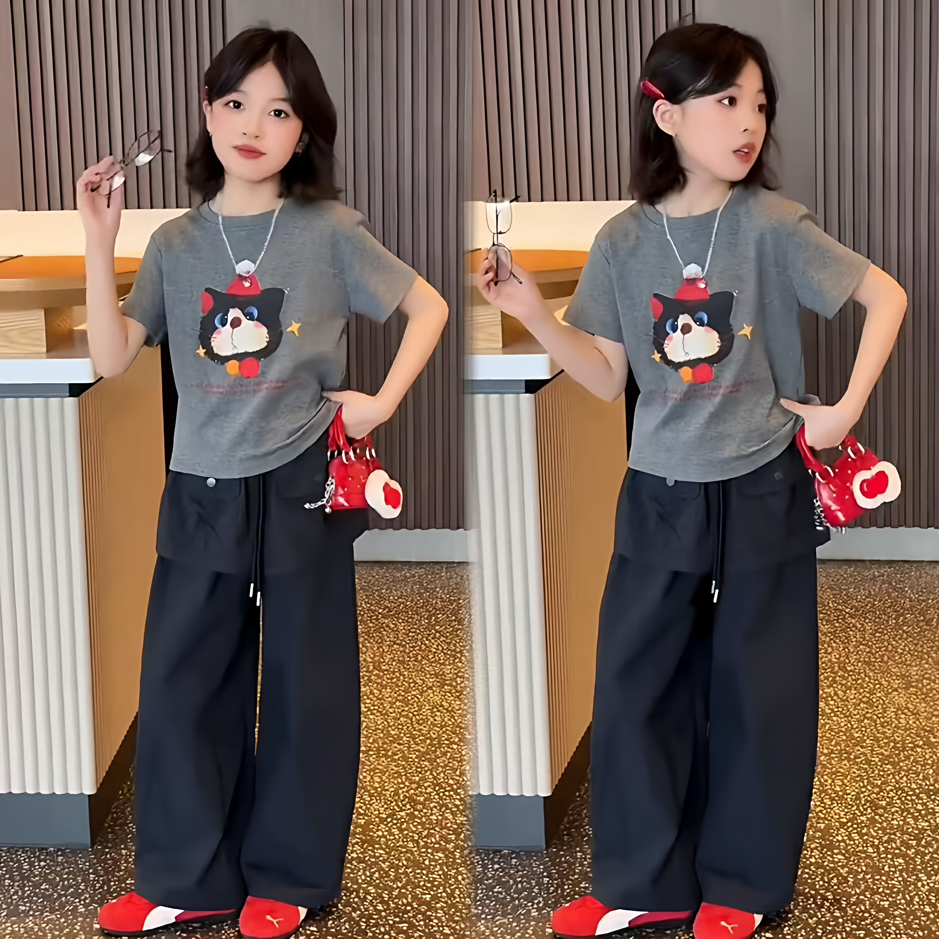 韩版女童夏季趣味卡通猫咪印花短袖个性屁帘工装裤初中生休闲套装