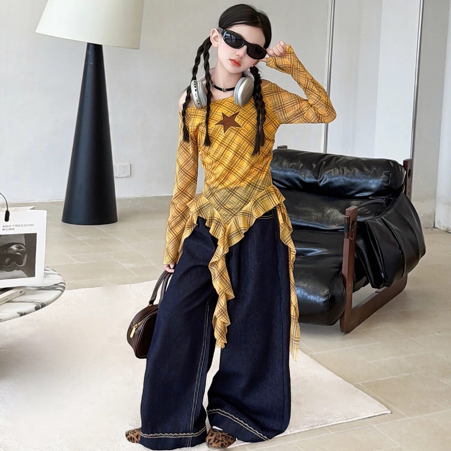 春秋新款女童美式设计感流苏格纹上衣阔腿裤潮酷爵士舞嘻哈套装韩