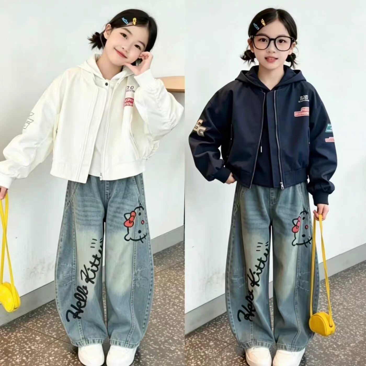 女童美式棒球服外套弯刀裤套装