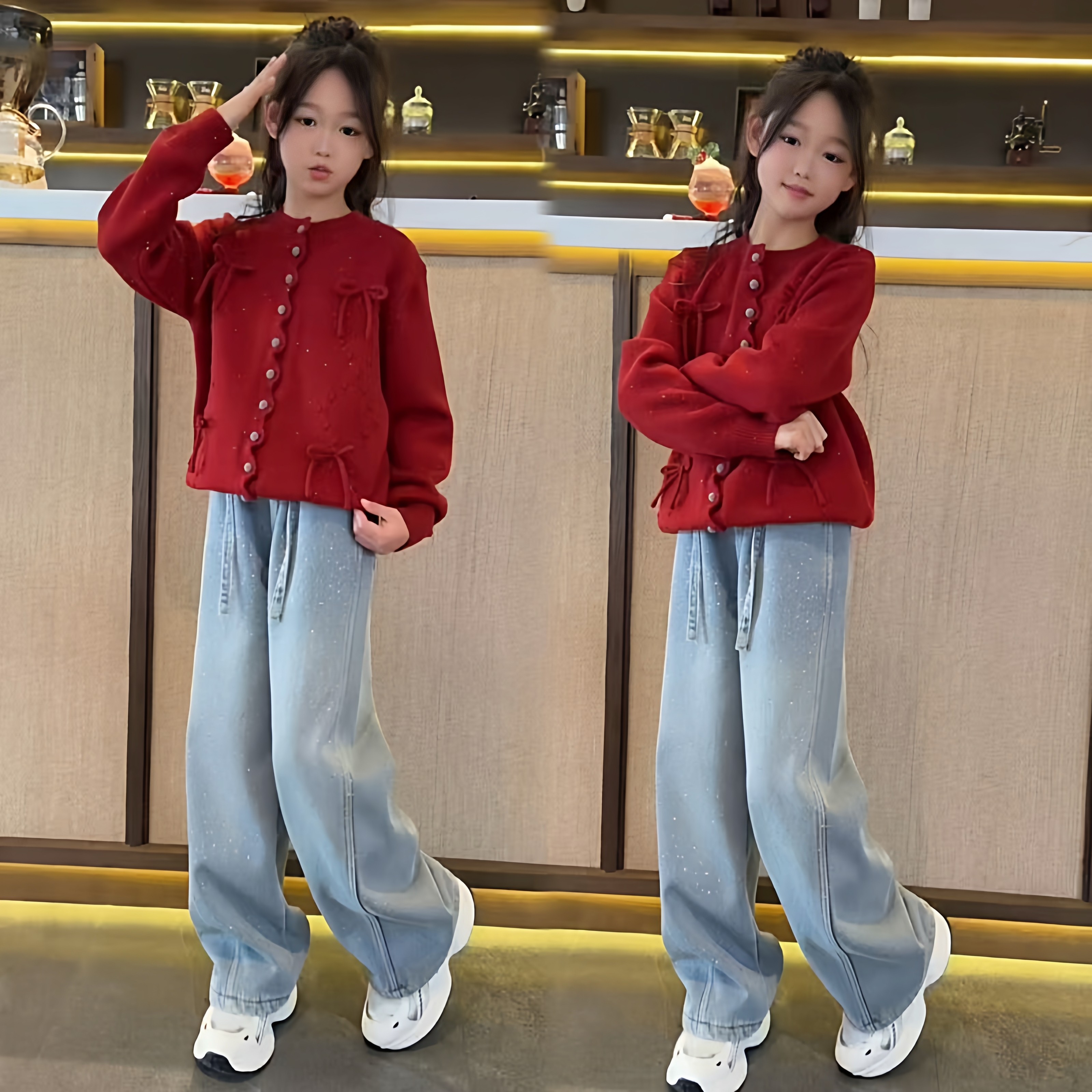 女童本命年红色蝴蝶结亮片毛衣加绒满天星烫钻牛仔阔腿裤洋气套装