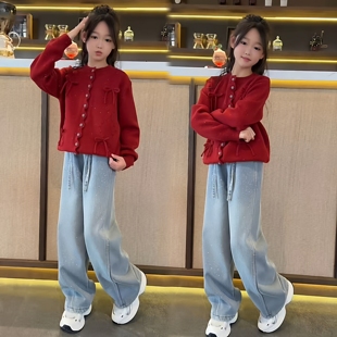 女童本命年红色蝴蝶结亮片毛衣加绒满天星烫钻牛仔阔腿裤洋气套装