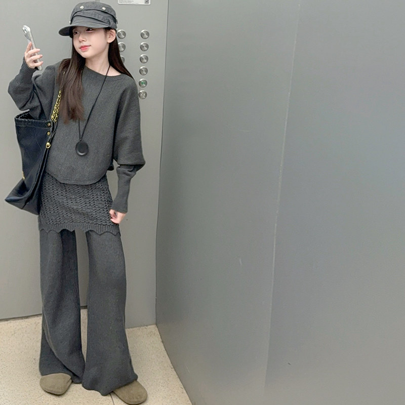 女童韩系毛衣屁帘阔腿裤套装