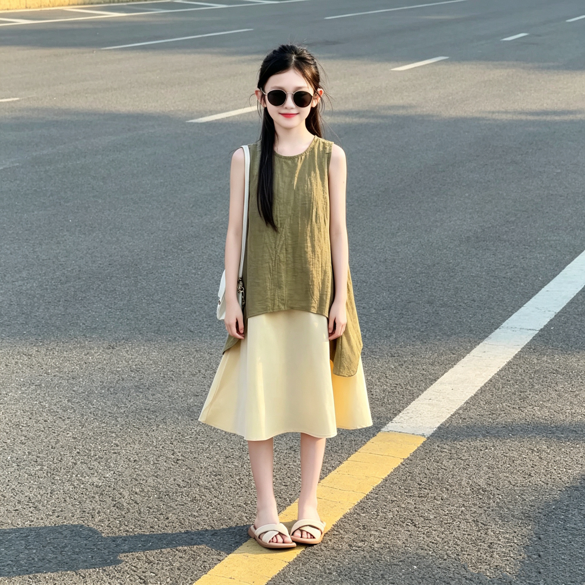 女童森系超好看无袖假两件连衣裙