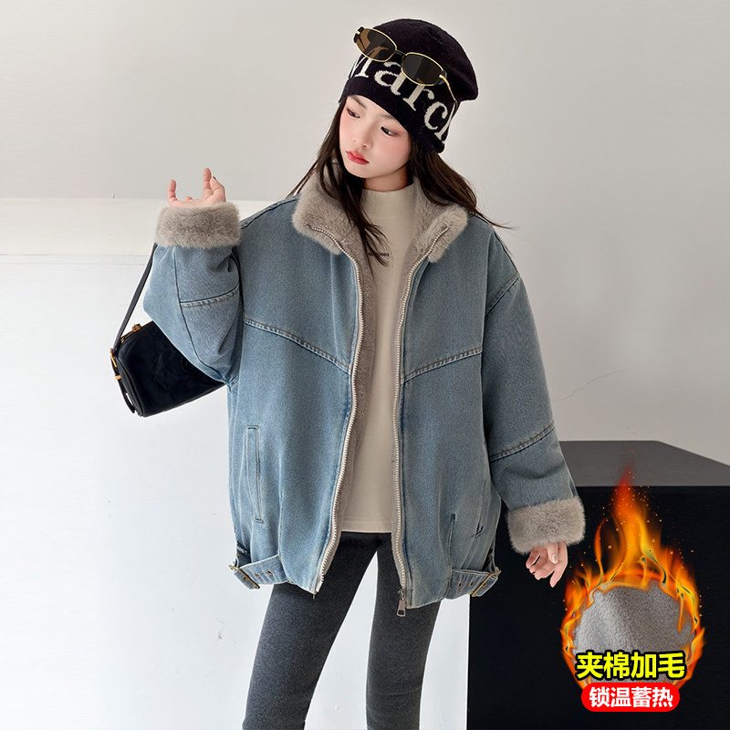 女童韩版兔毛拼接立领牛仔派克服