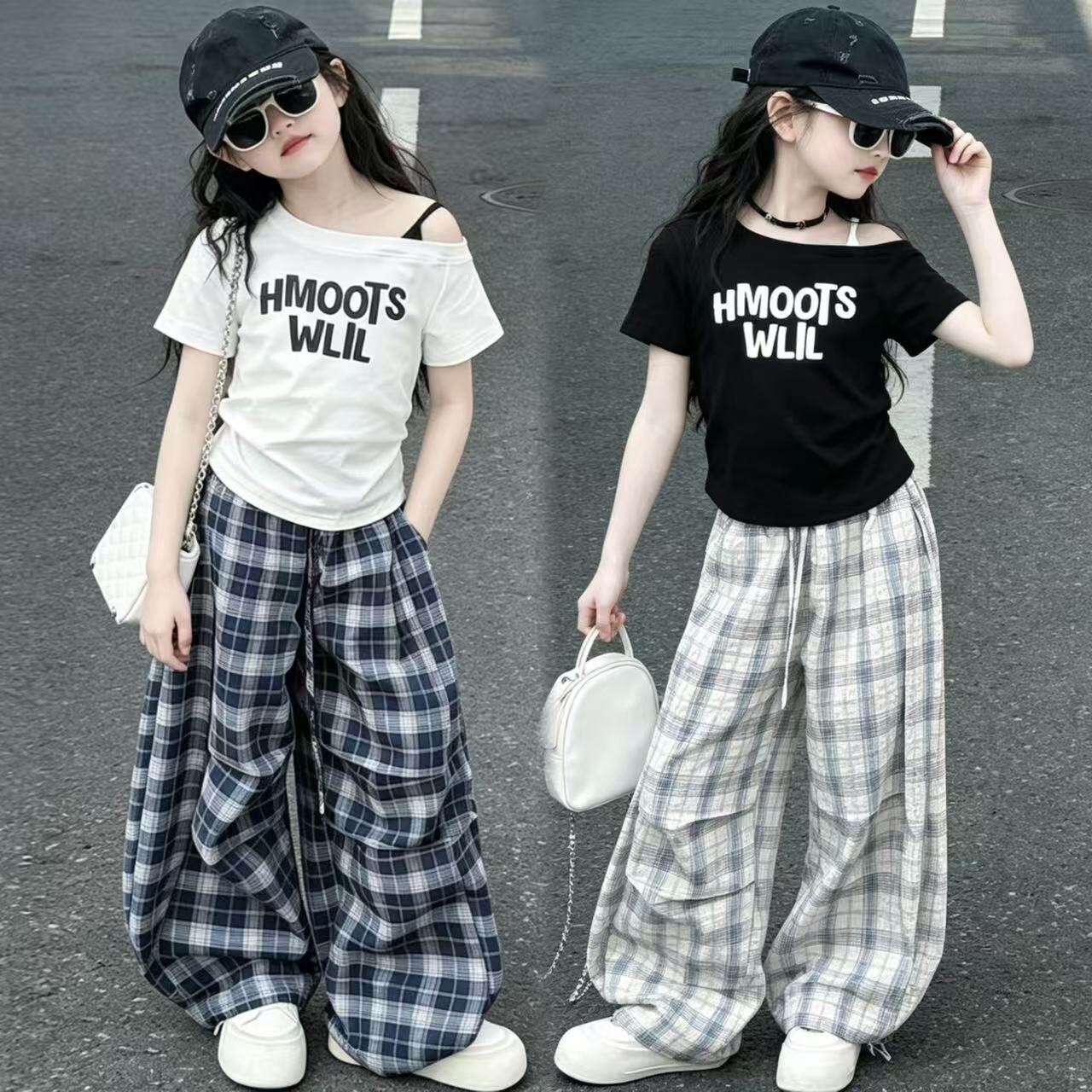 夏季甜酷辣妹女童露肩字母短袖韩系格子阔腿裤初中生时髦套装初高