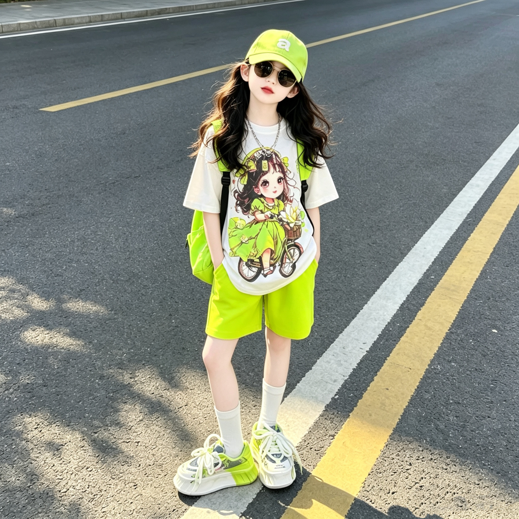 女童卡通女孩印花短袖短裤两件套