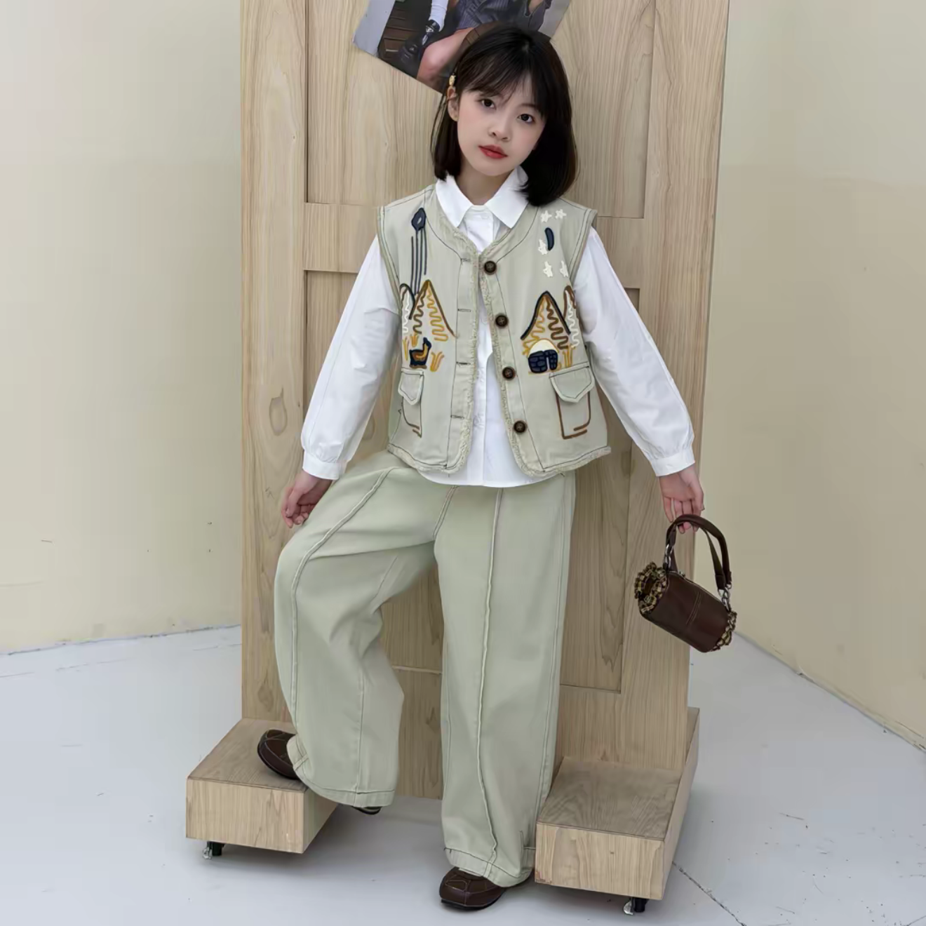 女童牛仔刺绣马甲阔腿裤三件套