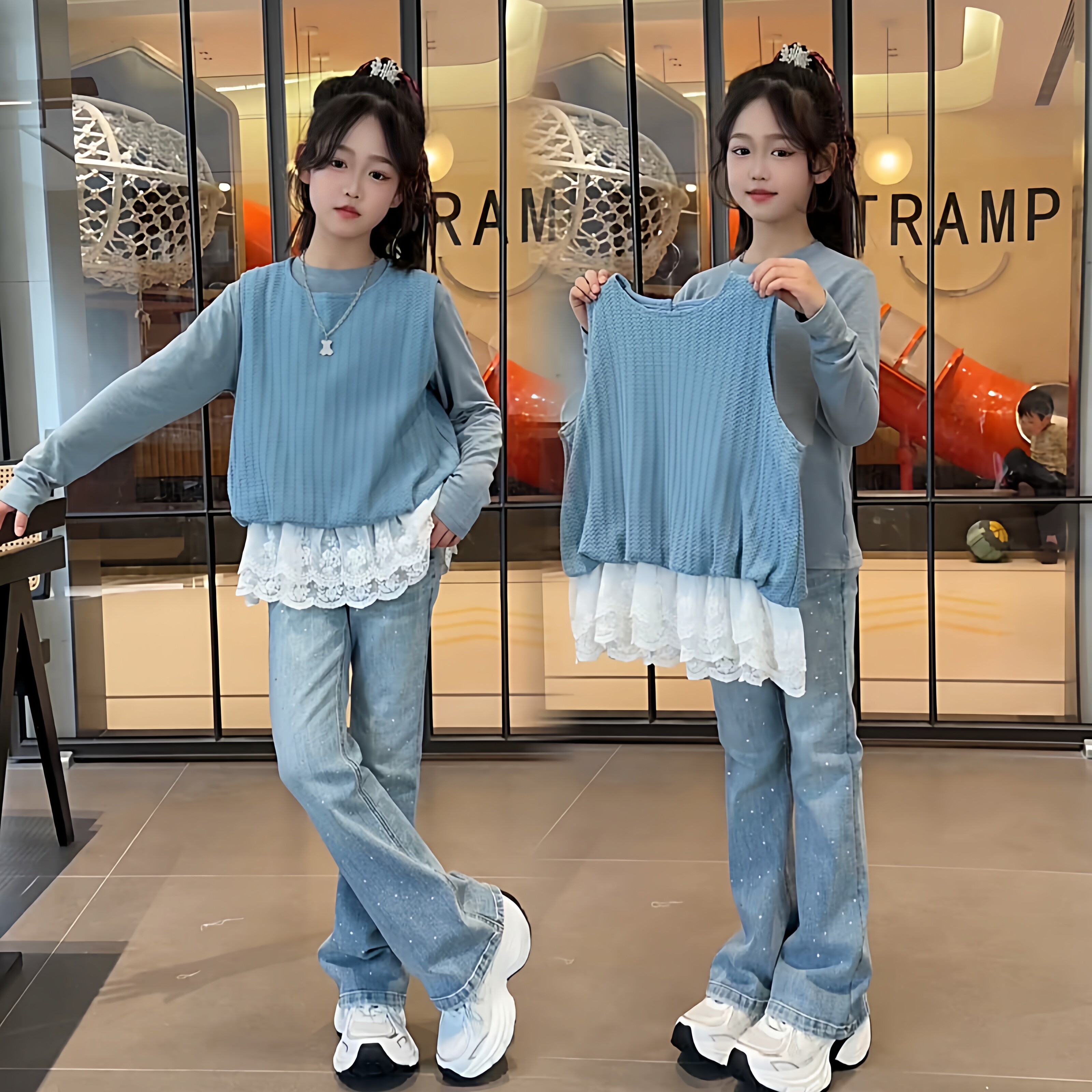 女童春季巨好看森系甜美蕾丝花边针织背心打底衫烫钻喇叭裤三件套