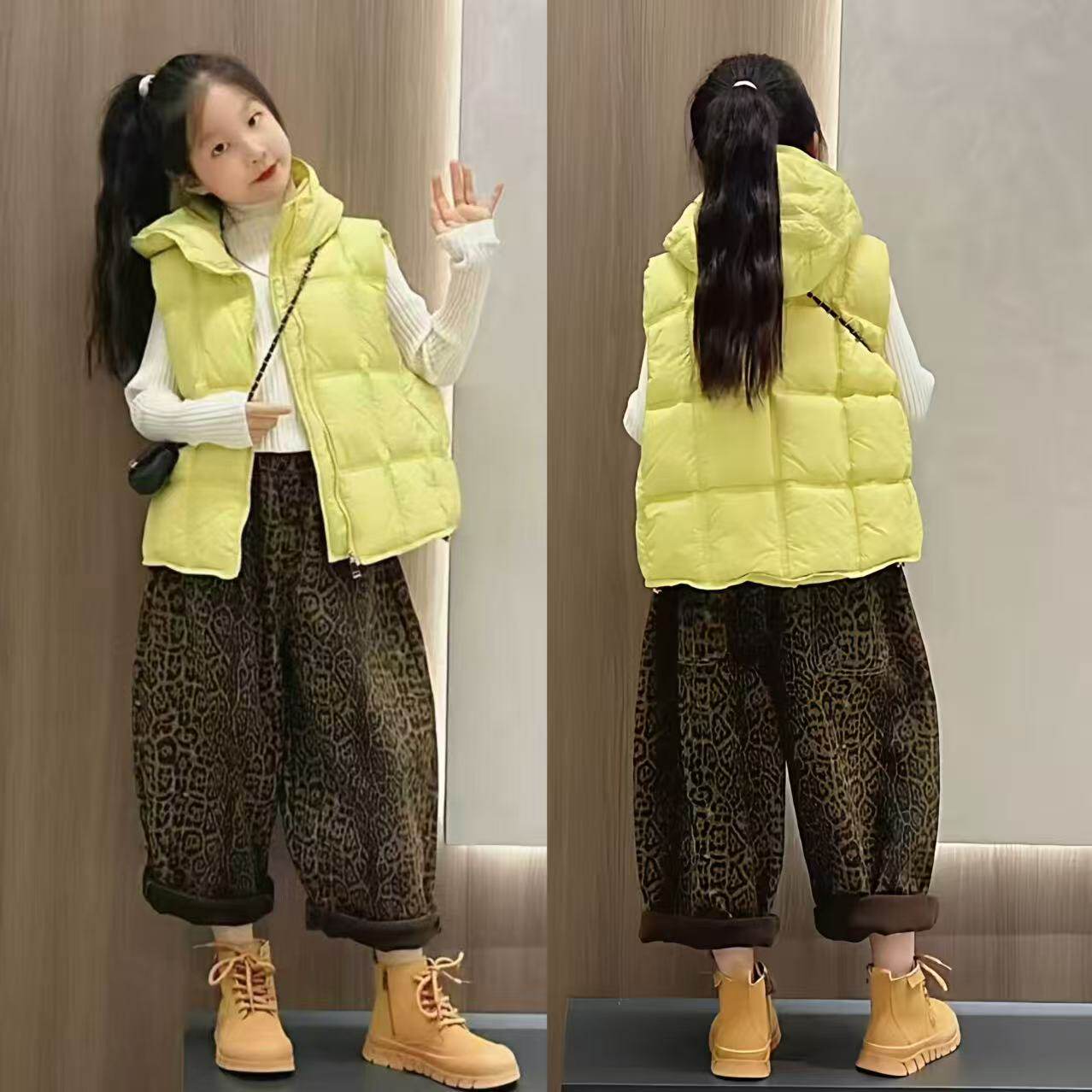 女童连帽马甲美式哈伦裤三件套