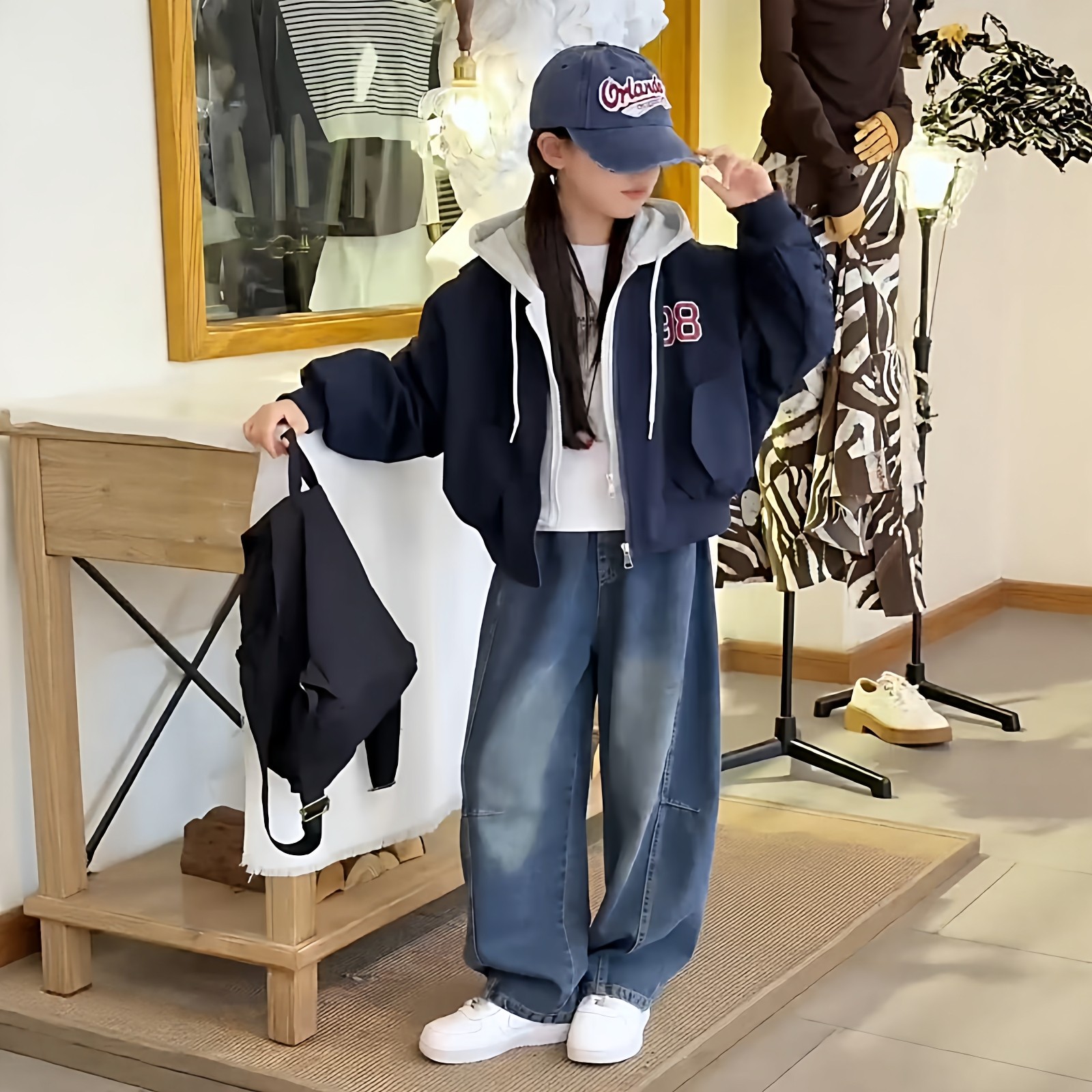 女童加厚设计感美式假两件连帽工装外套一体绒弯刀裤学院风套装潮,童装/婴儿装/亲子装,套装,淘宝优惠券,粉丝福利购,淘宝优惠卷