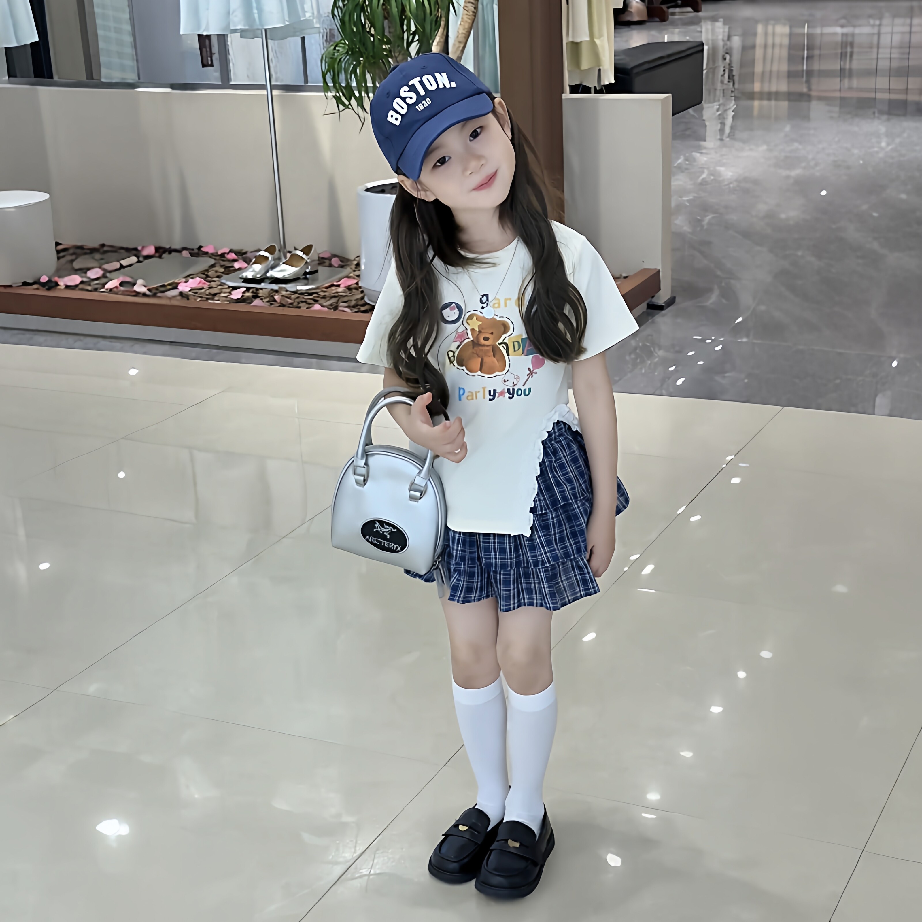 女童小熊印花短袖格子蛋糕裙套装