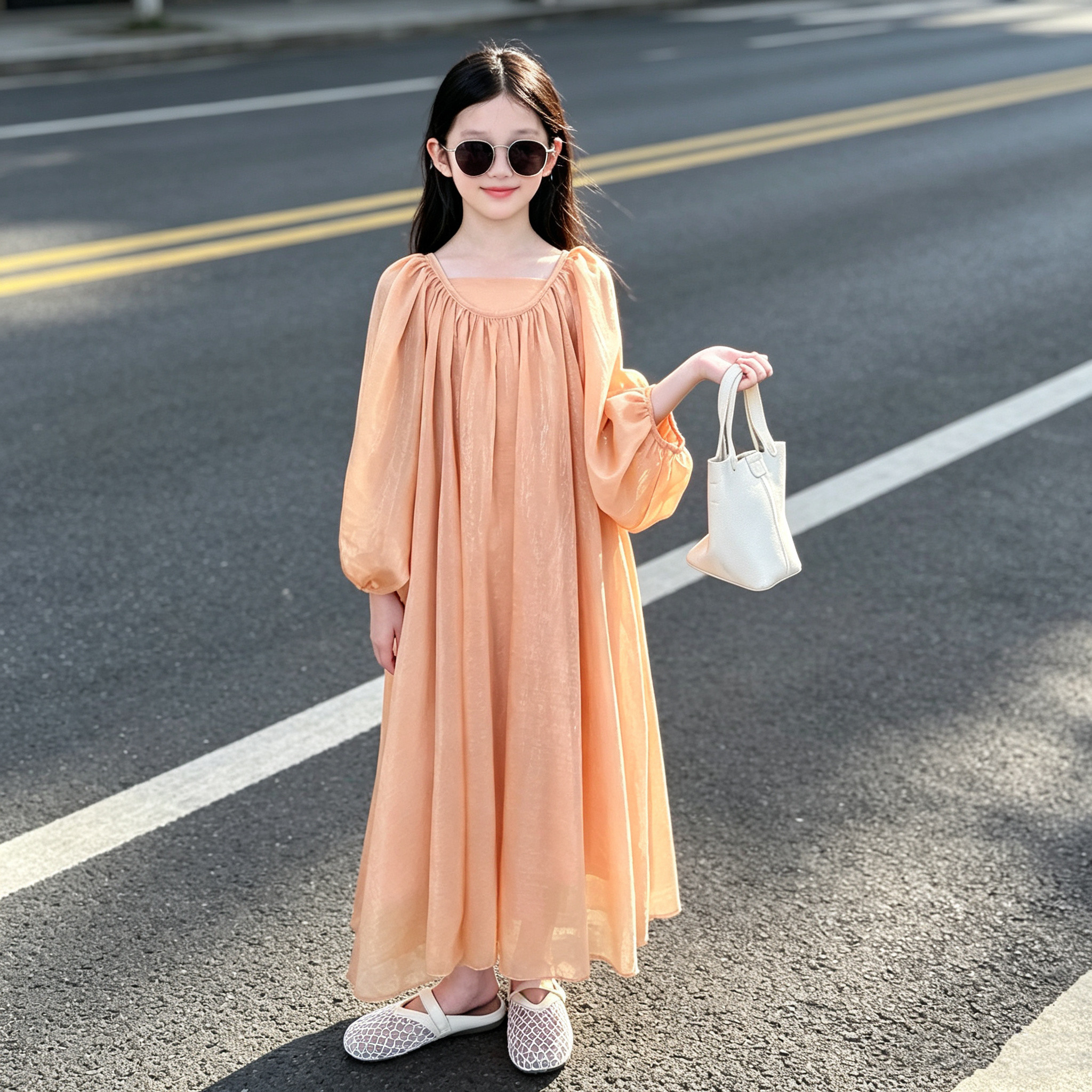女童小香风蝙蝠袖纱长裙新品潮