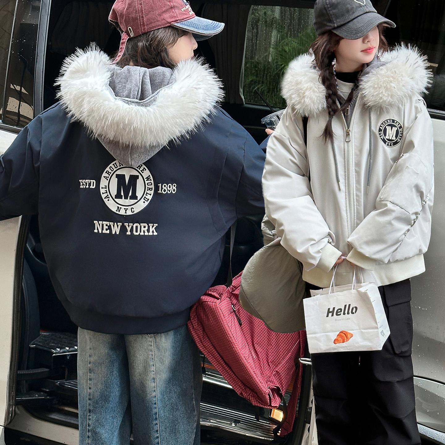 超洋气韩系设计感女童假两件加厚连帽棉服初中生大毛领美式棉袄潮