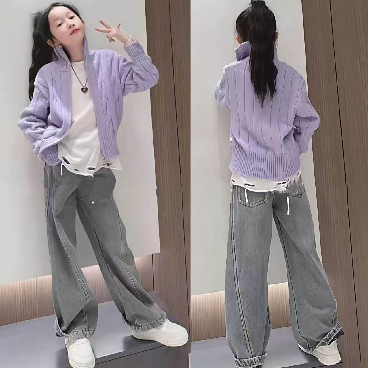 女童韩系超好看紫色软糯拉链高领毛衣开衫百搭牛仔阔腿裤洋气套装