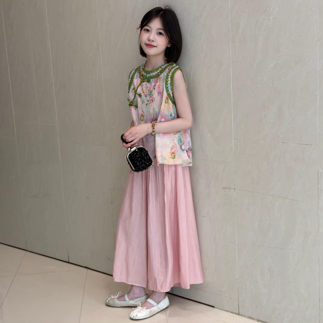 女童中式盘扣无袖阔腿裤套装