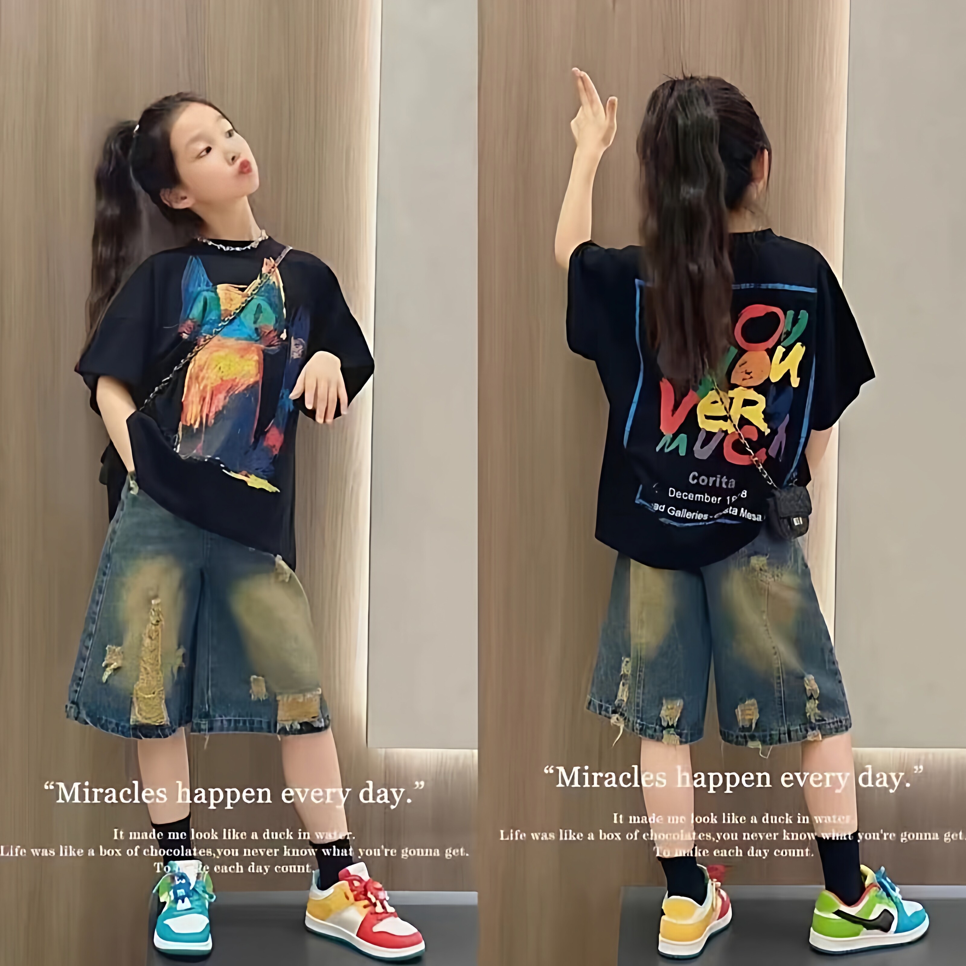 夏季女童潮酷个性卡通猫咪印花短袖复古做旧破洞牛仔中裤炸街套装